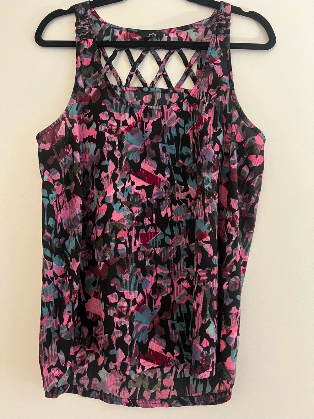 Hurley Black, Pink & Teal Print Lattice-Back Tank